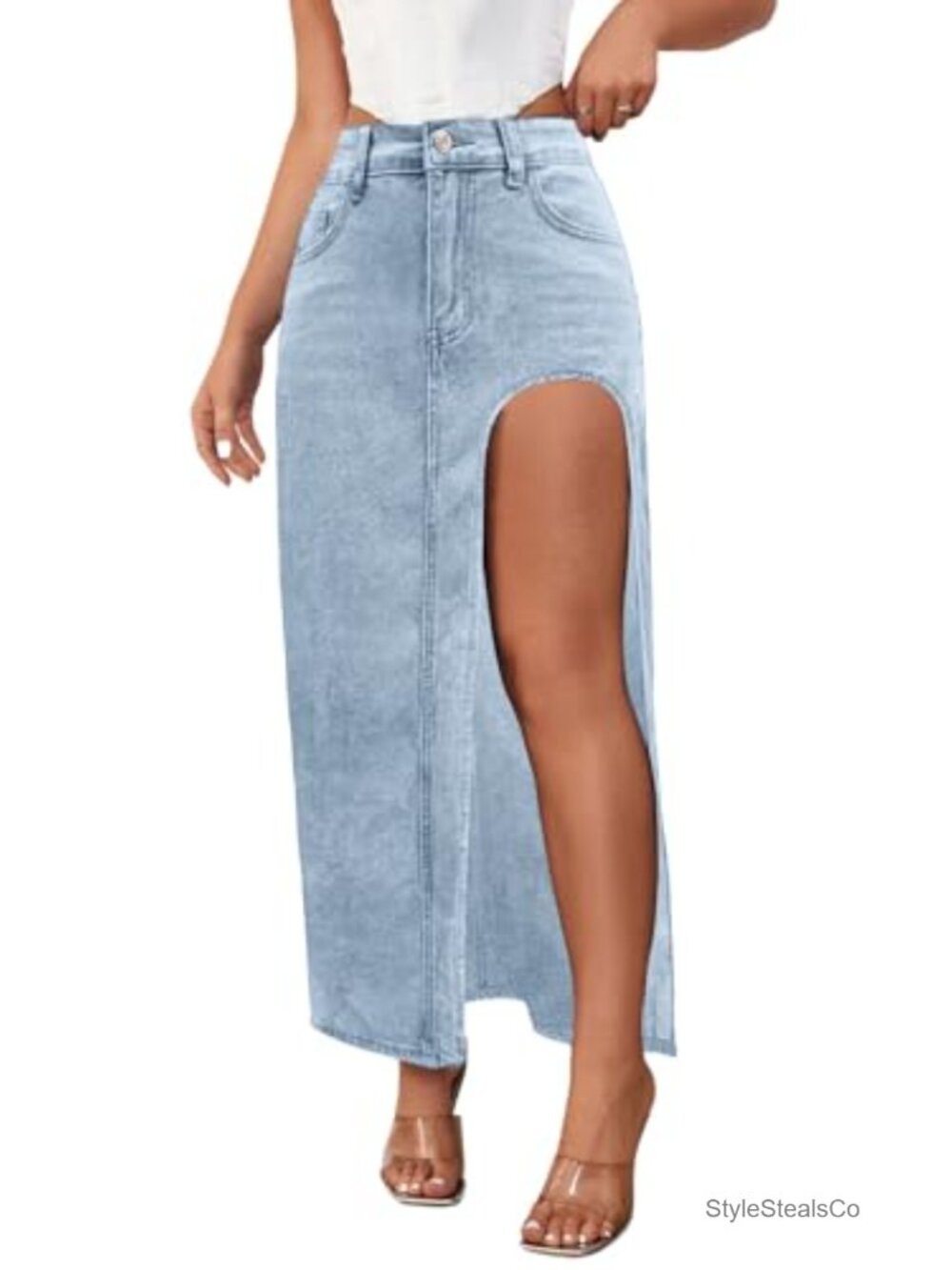 High Split Maxi Pencil Denim Skirt Cotton Polyester Sexy Club Wear